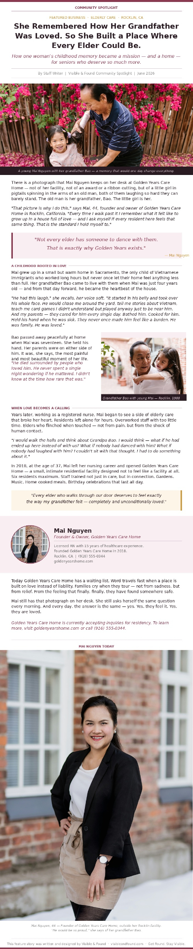 Golden Years Care Home feature story sample